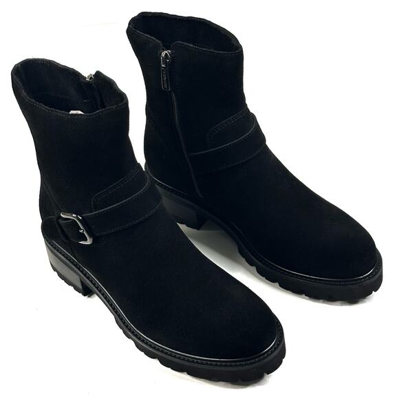 La Canadienne Kian Waterproof Black Suede Ankle Boots Womens 7M Buckle New $550 - Picture 1 of 13
